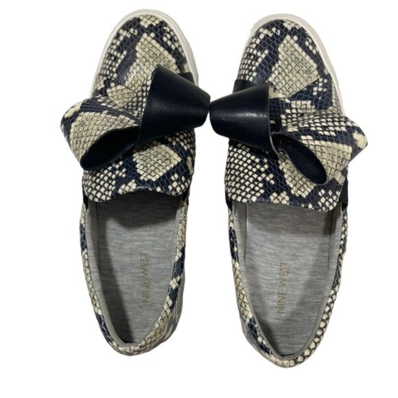 NINE WEST Women's Leather Faux Snakeskin Slip Ons Size 8.5 Med Sneakers Bows EUC - Picture 8 of 14